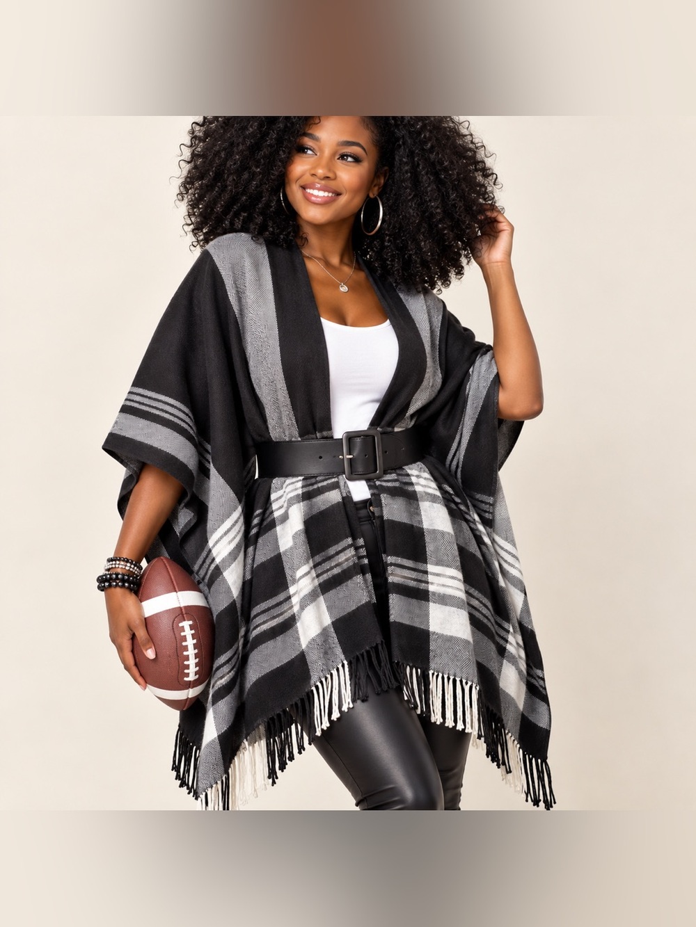 Black White Plaid Fringe Ruana Wrap Poncho One Size